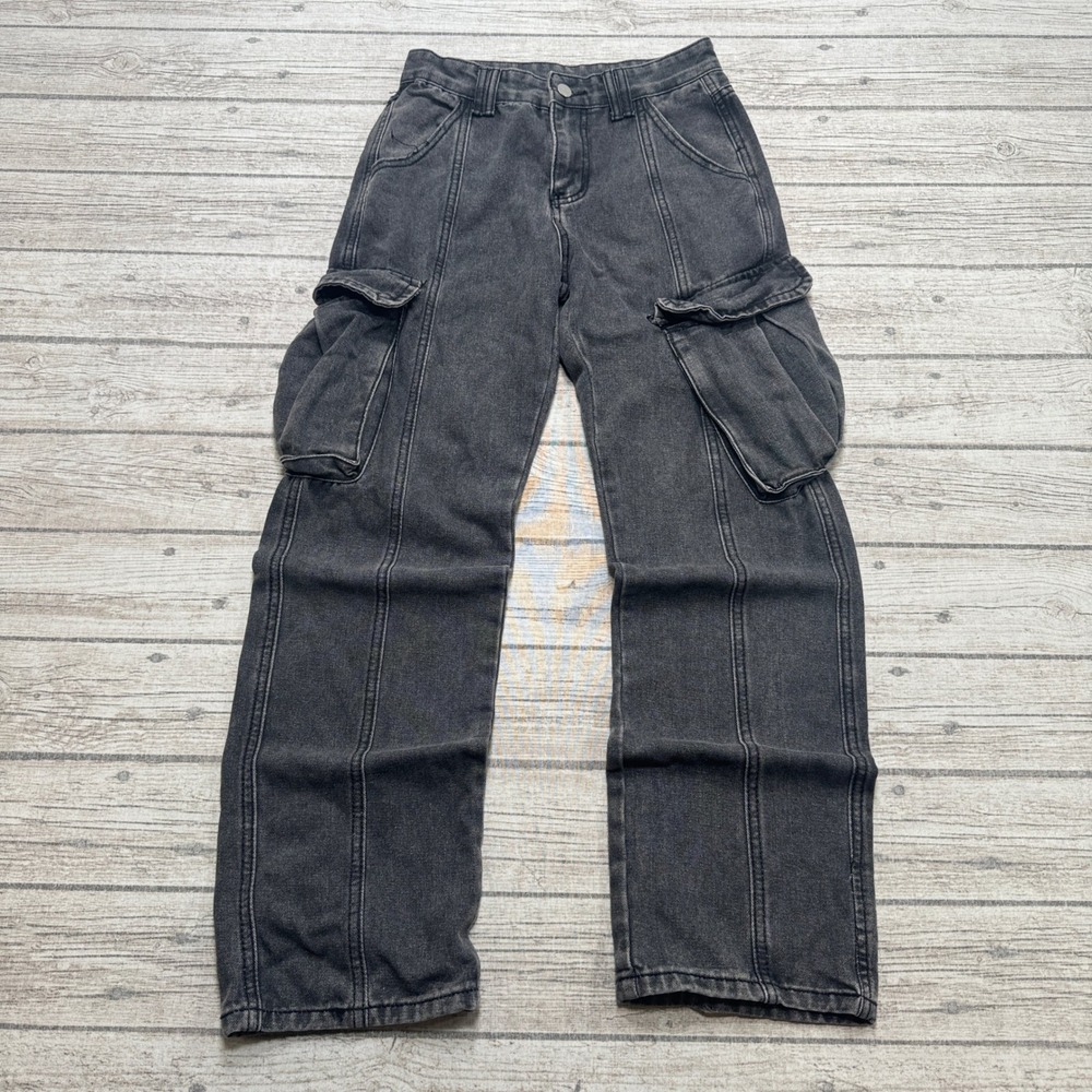 Y2K Cargo Jeans Women's Medium Black Faded Denim Straight Leg High Rise Regular